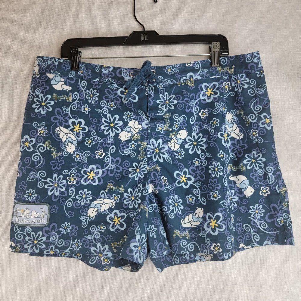 The Disney Store Womens Size XL Blue Aloha Pooh Hawaiian Drawstring Shorts